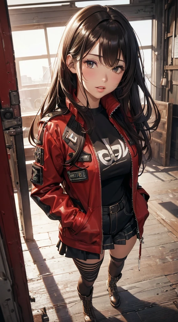 ((8k wallpaper of extremely detailed CG unit, masterpiece, hight resolution, top-quality)), (Beautuful Women, Plump lips, Hands in pockets:1.5, Grunge Fashion, wearing a red blouson:1.2, I'm wearing micro mini shorts:1.2, Wearing sneakers:1.1), ((extra detailed face, Highly detailed black eyes, extra detailed body, Top quality real texture skins)), (A dark-haired, hair messy, de pele branca, Exposed belly), (Inside an abandoned building, Beautiful blue sky, suns), (high-angle:1.1, Fisheye:1.3), hyper realisitic, digitial painting,