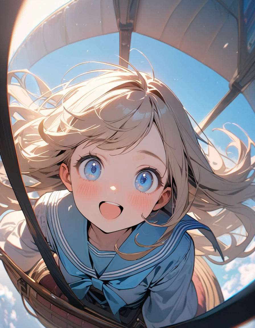 (8K, best quality, master piece: 1.2),super high resolution,1 girl,solo,13yo,in the hot air balloon,ultra-detailed face,detailed eyes,Beige hair,long hair,floating hair,blue eyes,lash extension,happy,nose blushfloral pattern sailor collar lolita fashionin(Light blue:1.5),Bird’s Eye View ’s Eye View ,in the sky