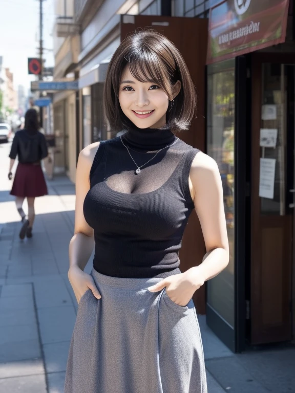 ((masterpiece))、((Highest quality))、photograph、reality、High resolution、Very detailed、Married women、40 years old、（Plump body）、Delicate features、short hair、Realistic background and accessories、Big and ample breasts、Sexy smile、city、Create a storefront、Tight knit skirt、A shirt that shows cleavage、Wide-angle、evening、Midsummer Sun、((Sleeveless))、