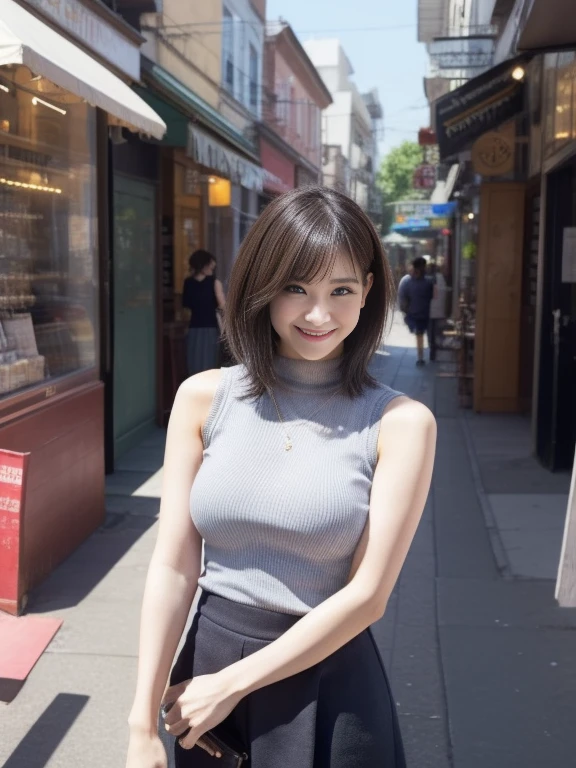 ((masterpiece))、((Highest quality))、photograph、reality、High resolution、Very detailed、Married women、40 years old、（Plump body）、Delicate features、short hair、Realistic background and accessories、Big and ample breasts、Sexy smile、city、Create a storefront、Tight knit skirt、A shirt that shows cleavage、Wide-angle、evening、Midsummer Sun、((Sleeveless))、