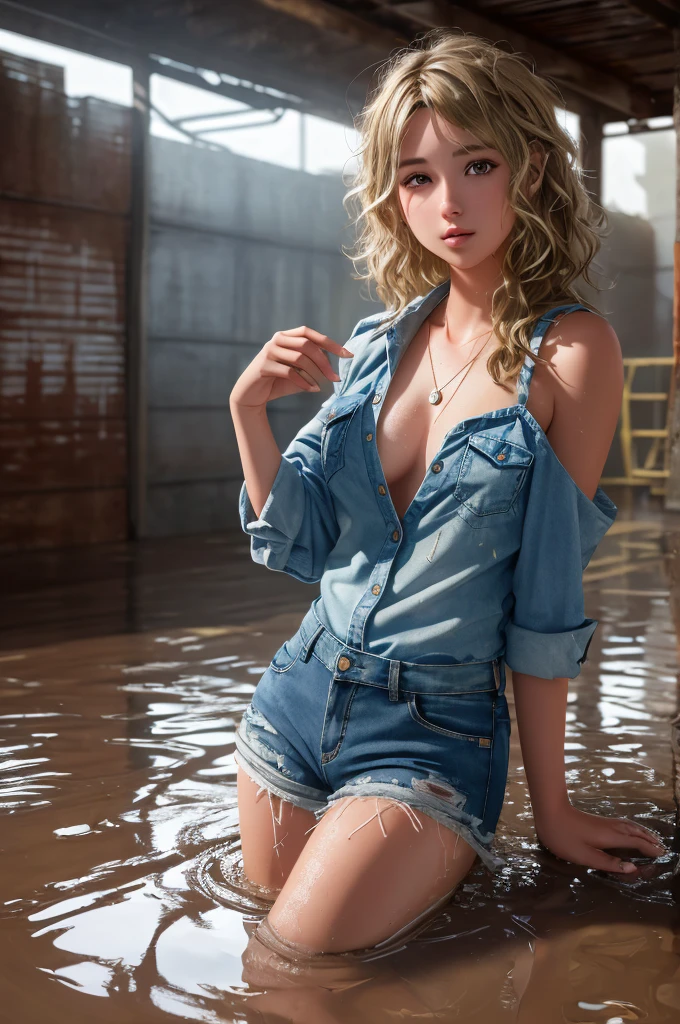 (trifasicjean:1)
Masterpiece, best quality, (highly detailed raw photo:1. 2), 8k render in octane, volumetric lighting, volumetric shadows, young girl, dark blonde, A very humid place full of puddles and leaks