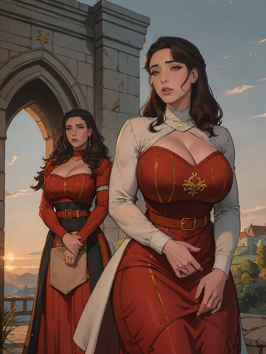 Gorgeous and sultry busty athletic (thin) brunette queen with sharp facial features wearing a modest updo, dark red medieval dress, long sleeves, intricate patterns, scrollwork, wide neck, crown, veil, long dress, modest dress, tight bodice, silver belt, (waist chain), medieval jewelry, Middle Ages, castle, rampart, wall, exterior, on top of a castle wall, trees, countryside, evening, sunset.