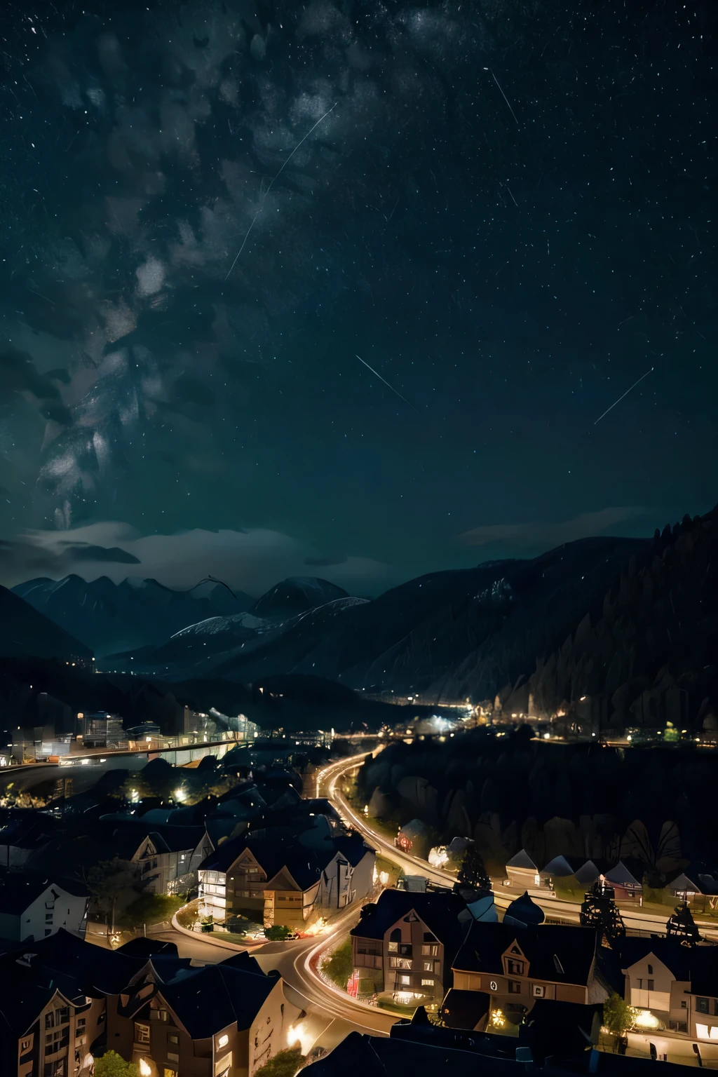 A city at night with less lit buildings and houses, night vision, in the background mountains with a large dark and starry sky, best qualityer, realisitic