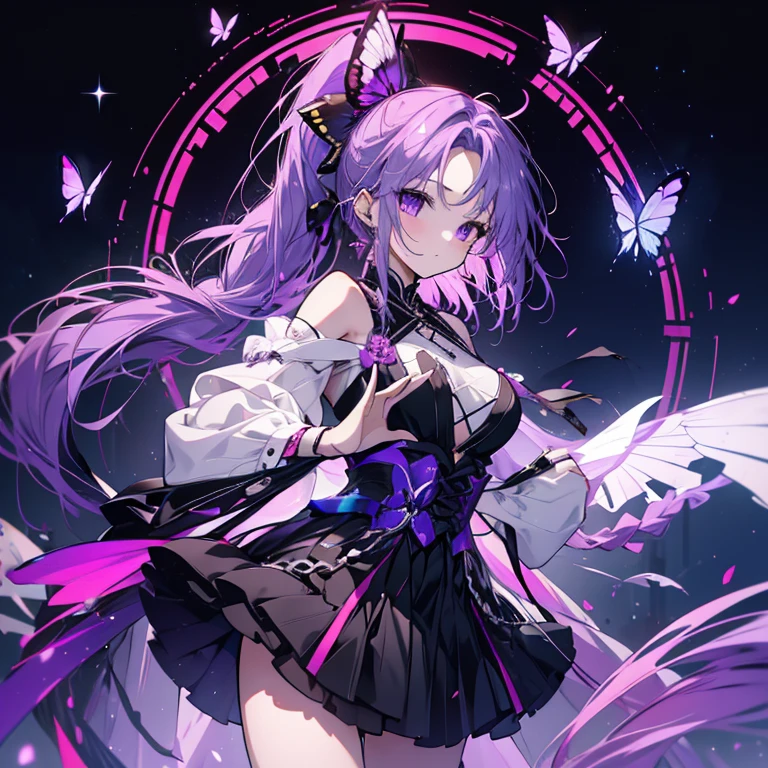 1 girl、Mature、Ample breasts、Long Hair、Purple Hair、ponytail、ハイponytail、Ballerina Costume、Black costume、Miniskirt、Purple butterfly、Braided、High resolution、Highest quality、Like a jewel、Starry Sky、Shining Moon、Big black wings