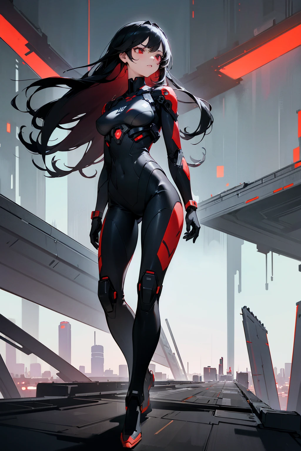 Hyper detailed, Best quality, UHD, Ultra high resolution, (16K), ((anatomically correct)), 1female, black hair, straight hair, red eyes, determined expression, black combat suit with red highlights, black gloves, standing on a path, futuristic cityscape with hovering vehicles,