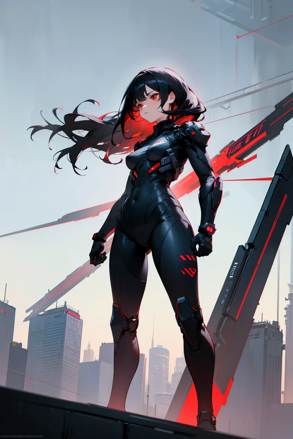 Hyper detailed, Best quality, UHD, Ultra high resolution, (16K), ((anatomically correct)), 1female, black hair, straight hair, red eyes, determined expression, black combat suit with red highlights, black gloves, standing on a path, futuristic cityscape with hovering vehicles,