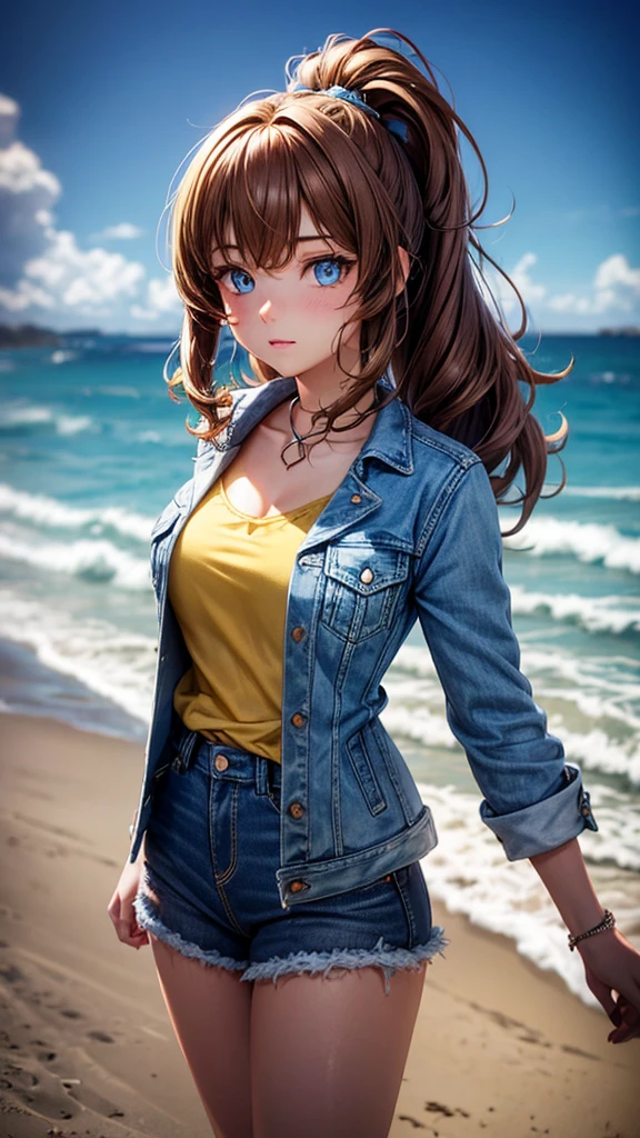 Xyzskye, 1 girl, beautiful, portrait, masterpiece, 3d rendering, Octane rendering, blue eyes, denim jacket, fluffy neck, yellow shirt, Brown hair, 3d model, Beach Wave Hair