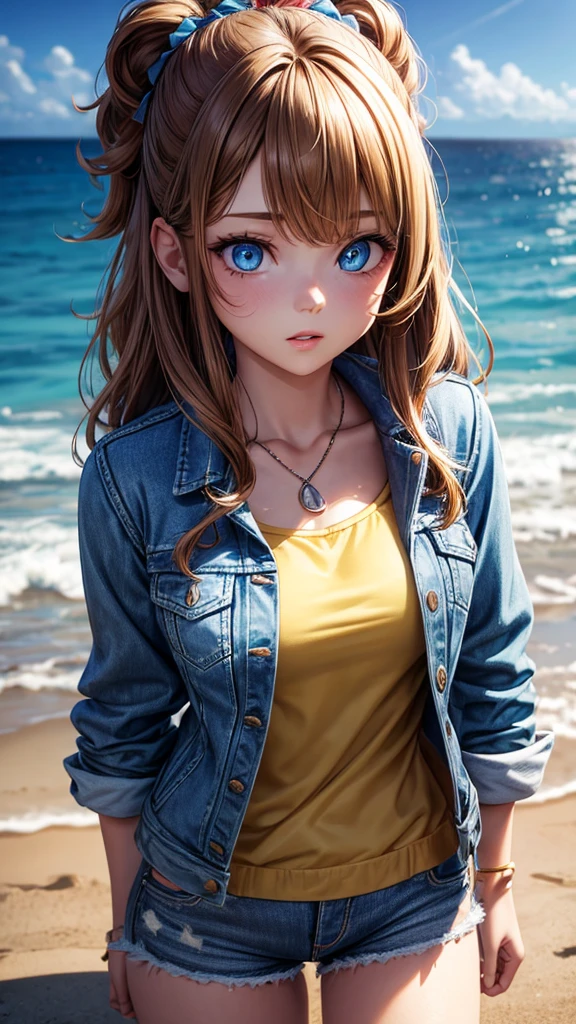 Xyzskye, 1 girl, beautiful, portrait, masterpiece, 3d rendering, Octane rendering, blue eyes, denim jacket, fluffy neck, yellow shirt, Brown hair, 3d model, Beach Wave Hair