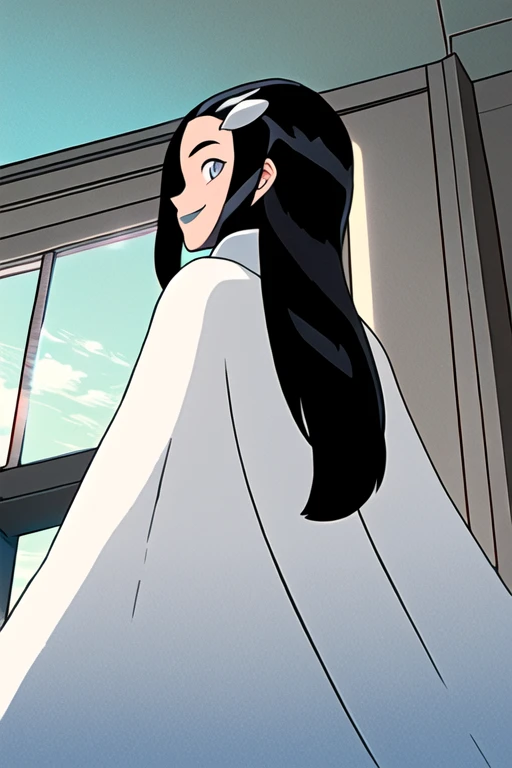 Tinya Wazzo, solo,black hair, long hair. grey eyes, smile, grey lips, white cape, best quality, masterpiece, 1girl, Masterpiece, Best Quality, Detail, room, From Behind, From Below, cape in front, Zoom Layer,