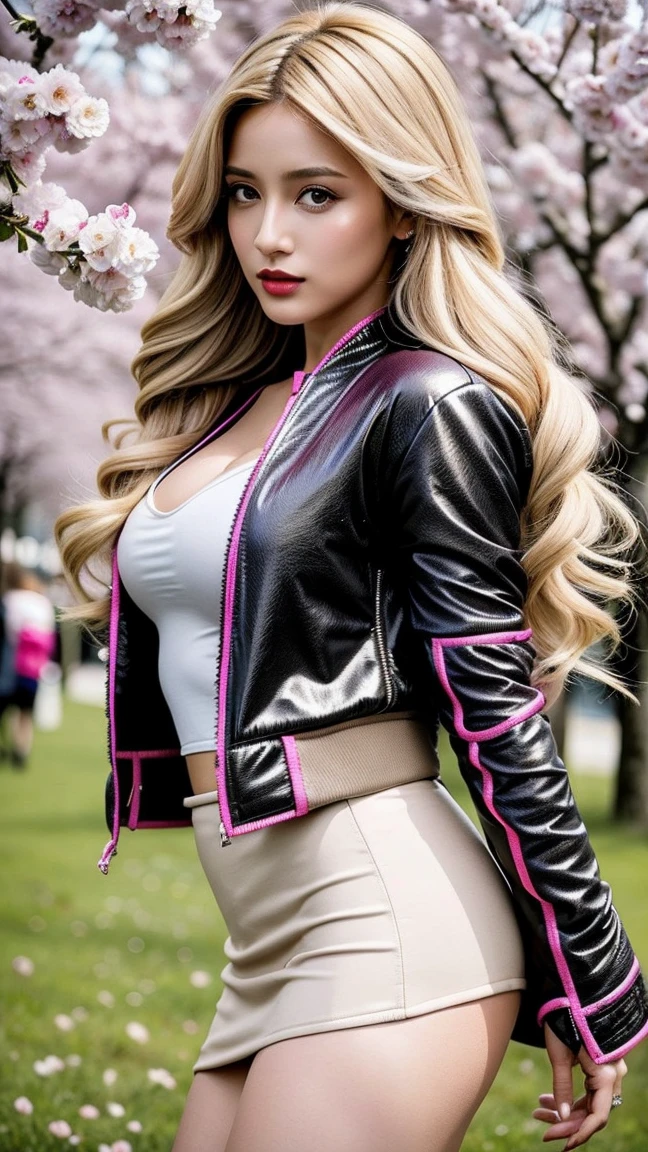 Division ratio : 1,1,1 basic relationship: beauty (mixed girls) in (Arte absurdo de 32k altaminte detallado de un ((18 year old girl)) ),fashion supermodel,(best high quality real texture skin:1.4),(ebony skin female),(Best quality textured hair.:1.4),BREAK,((long blonde hair ((side hairstyle)) extremadaminte detallado:1.25)),((outside,an orchard of blooming cherry trees:1.3)),(best high quality:1.4),(realistic photo:1. 5),(hyperrealism:1.5),(infoque nítido),(highest resolution),(smoother lighting:1.05),(increase cinematic lighting quality:0.7),realistic lighting, Luz in la cara y el cuerpo,(perfect proportions),(anatómicaminte correcto),(cuerpo feminino perfecto:1.4),(super beautiful body),(firm Normal full breasts:1.3),(narrow waist:1.3),small ass,thin face,beautiful cheekbones,Delgado belly: 1.3,(delgado,muscled body:1.3),(super beautiful face),(realistic face),(Very detailed face:1.5),negro_shadow,(Ultra detailed eyes), finely detailed face,finely quality eyes,(tired and sleepy and satisfied:0.0),realistic eyes,Perfect round eyes,finely detailed pupils,((Brown_eyes:1.1)),BREAK,detailed lips:1.3,(red_lipstick:1.18),(detailed nose:1.2),BREAK,((super extravagant ((cut jacket)) tiner puesto:1.51)),small head:1.4,BREAK,make up:1.22,dynamic pose,BREAK,((silk skirt,(tiny skirt:1.3),No_panties,curves),(falda corta invuelta in las caderas),/(al azar%you are superior:1.13),/exquisito equilibrio de shadows,perfect composition,(tiro por incima de la rodilla:1.3),look at the viewer,(from below:1.3),((show very exposed thighs:1.3)),Hasselblad, 85 mm/4.0