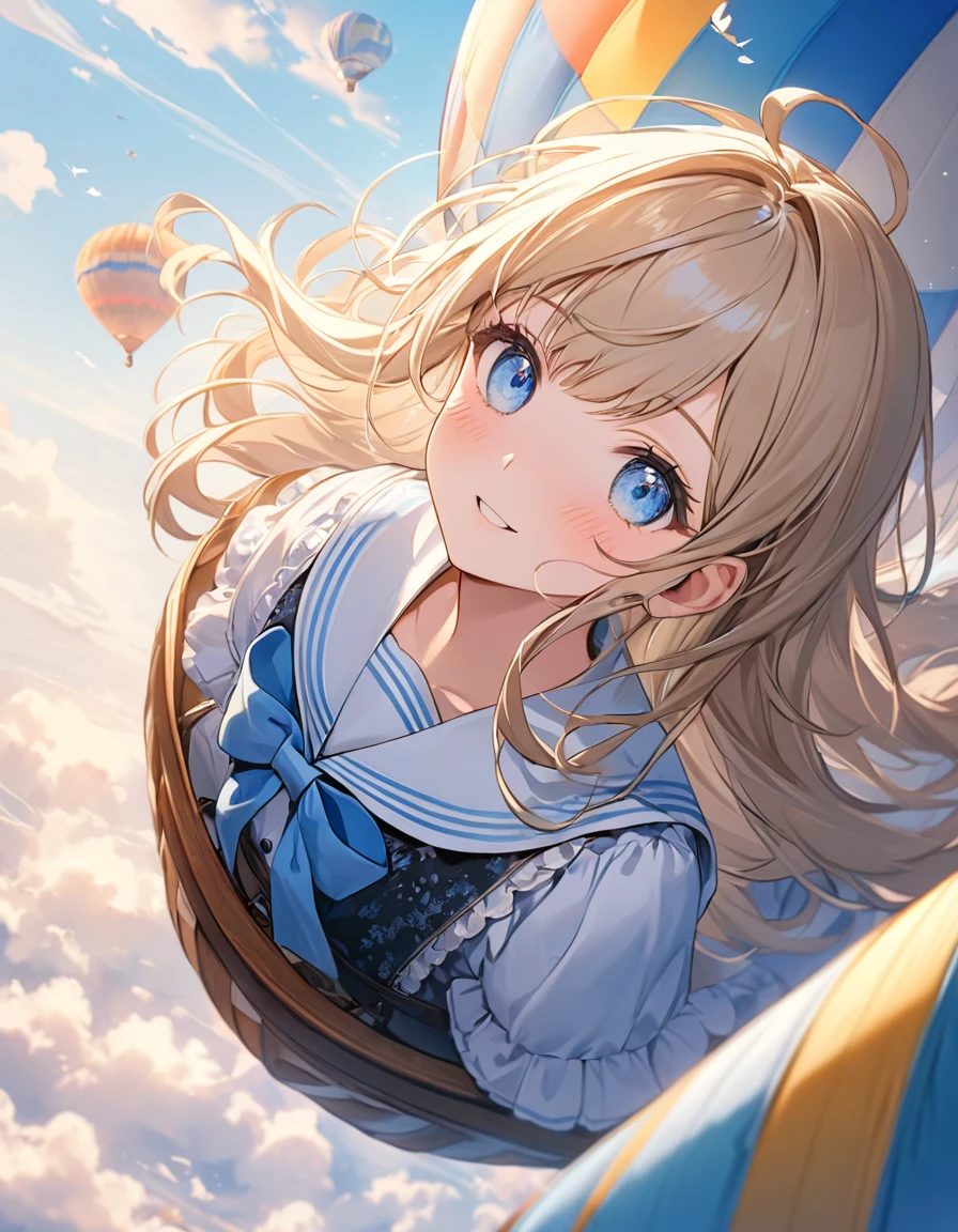 (8K, best quality, master piece: 1.2),super high resolution,1 girl,solo,,in the hot air balloon,ultra-detailed face,detailed eyes,Beige hair,long hair,floating hair,blue eyes,lash extension,happy,nose blushfloral pattern sailor collar loliashionin(Light blue:1.5),Bird’s Eye View,in the sky