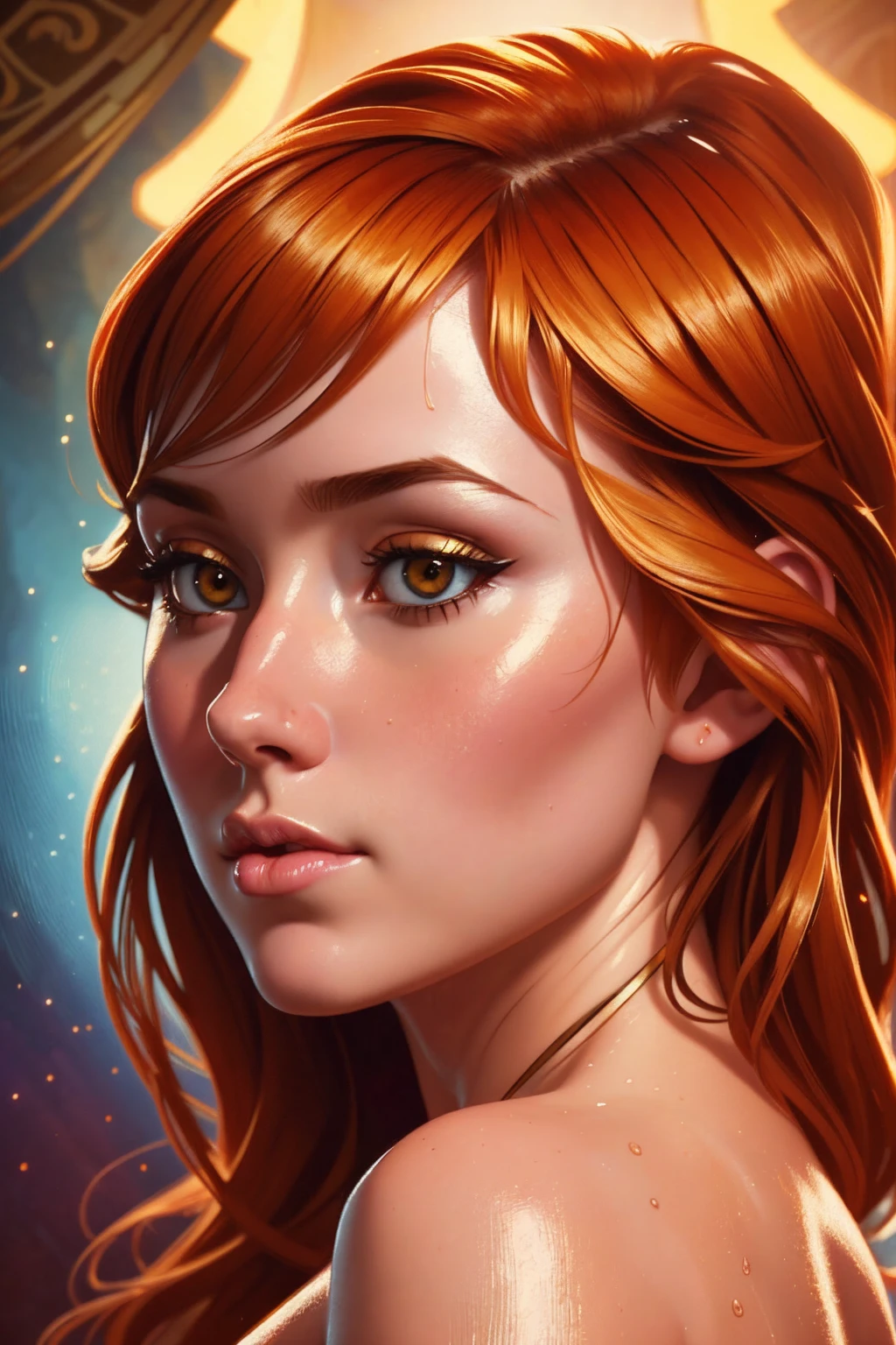 sexy and hot ginger nude and wet, realistic portrait, highly detailed, digital painting, art station, concept art, smooth, sharp focus, illustration, cinematic lighting, art by art germ and Greg Rutkowski and Alphonse Mucha