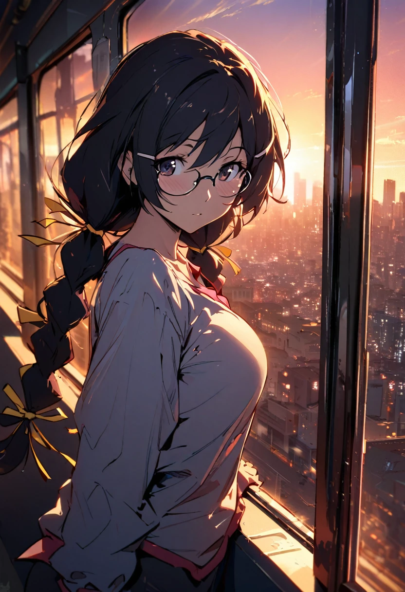 "1girl, hanekawa tsubasa, monogatari (series), twin braids slightly disheveled, glasses askew, hair ribbon loose, dramatic sunset ambient lighting, gazing out train window, reflective expression, cityscape backdrop, masterpiece, best quality, absurdres"