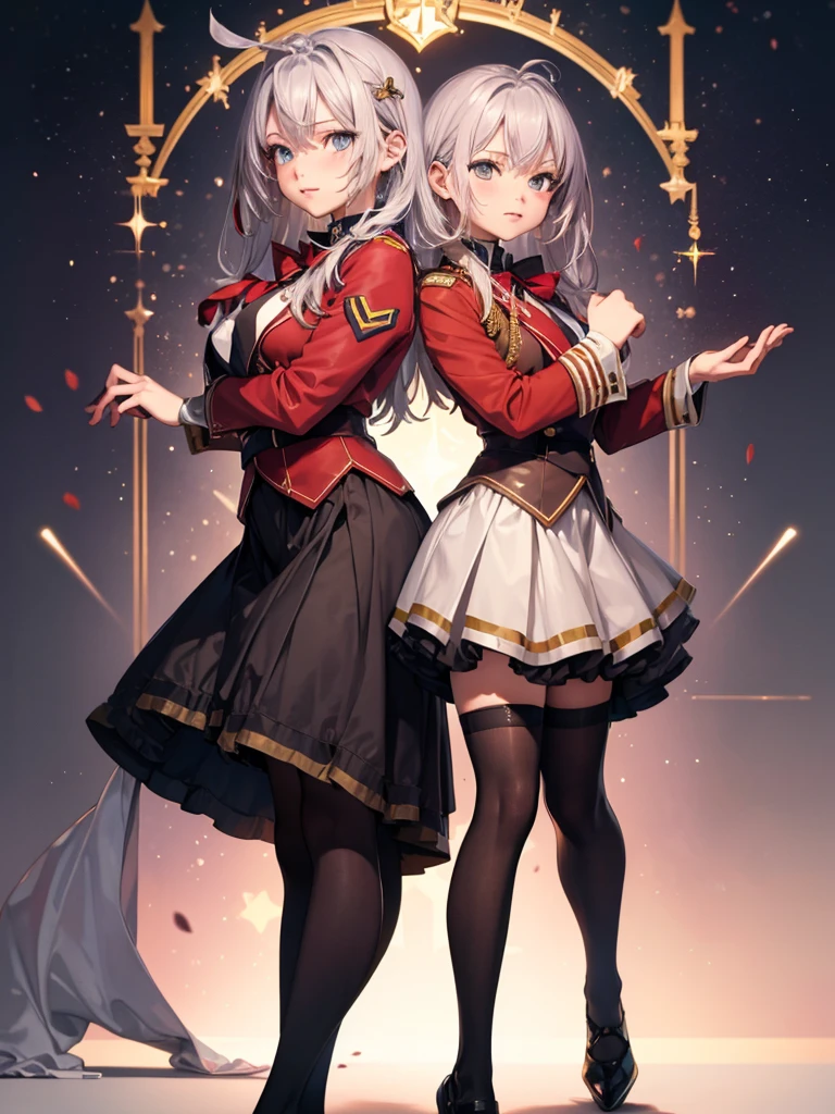 With a long military uniform, short skirt, wearing stocking, Royal background, graceful pose