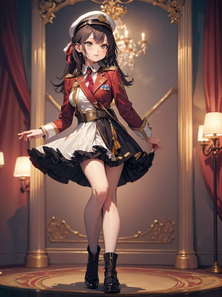 With a long military uniform, short skirt, wearing stocking, Royal background, graceful pose