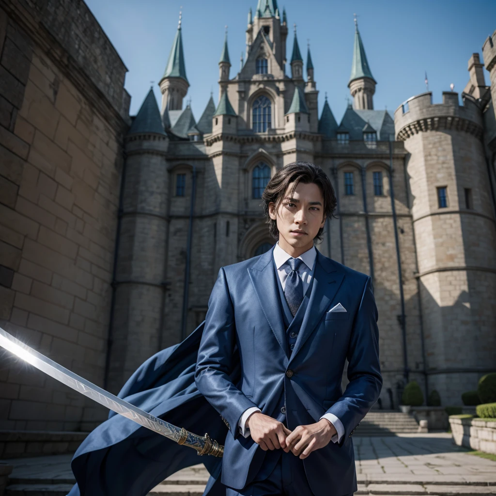 A king in front of the castle, a sword and a blue suit