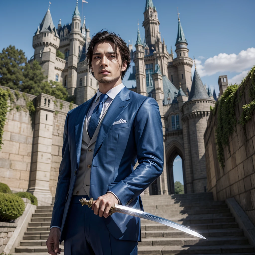 A king in front of the castle, a sword and a blue suit