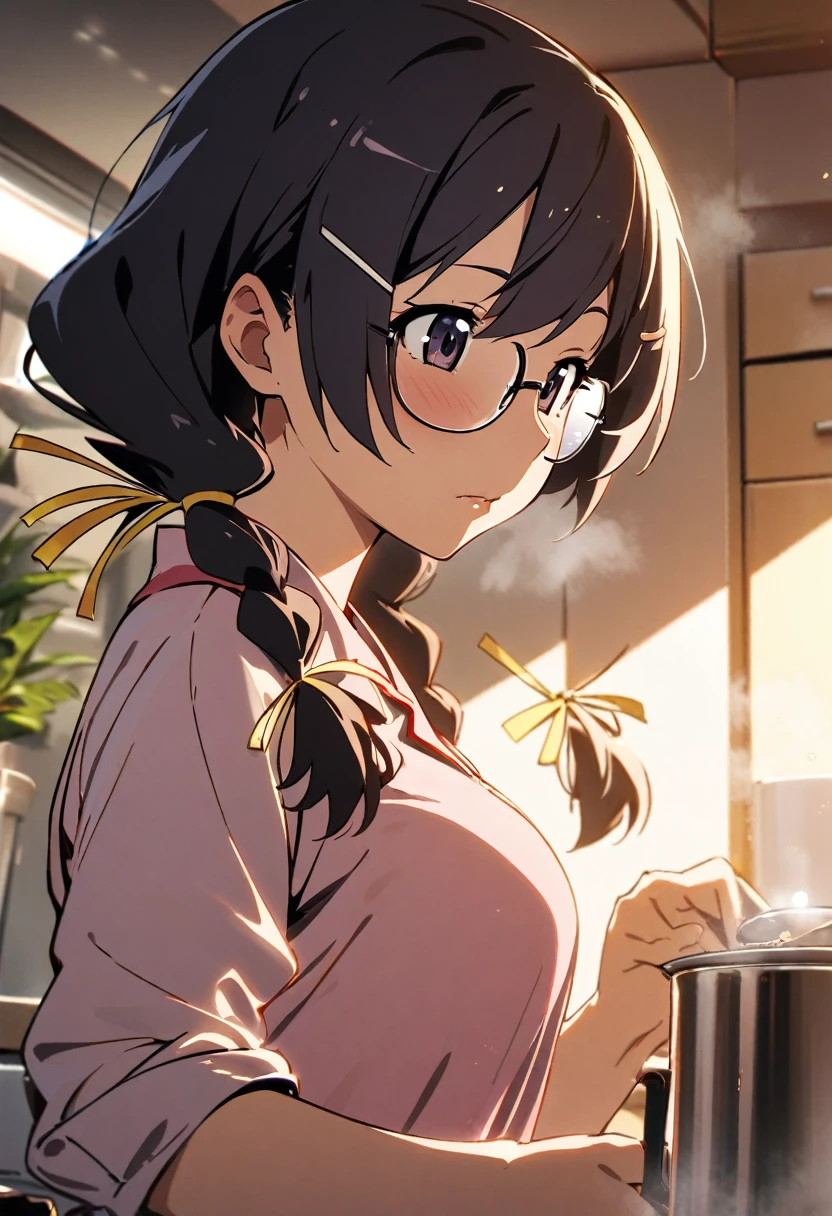 "1girl, hanekawa tsubasa, monogatari (series), twin braids, glasses, hair ribbon, soft morning ambient lighting, preparing tea in kitchen, concentrated expression, steam rising, masterpiece, best quality, absurdres"

