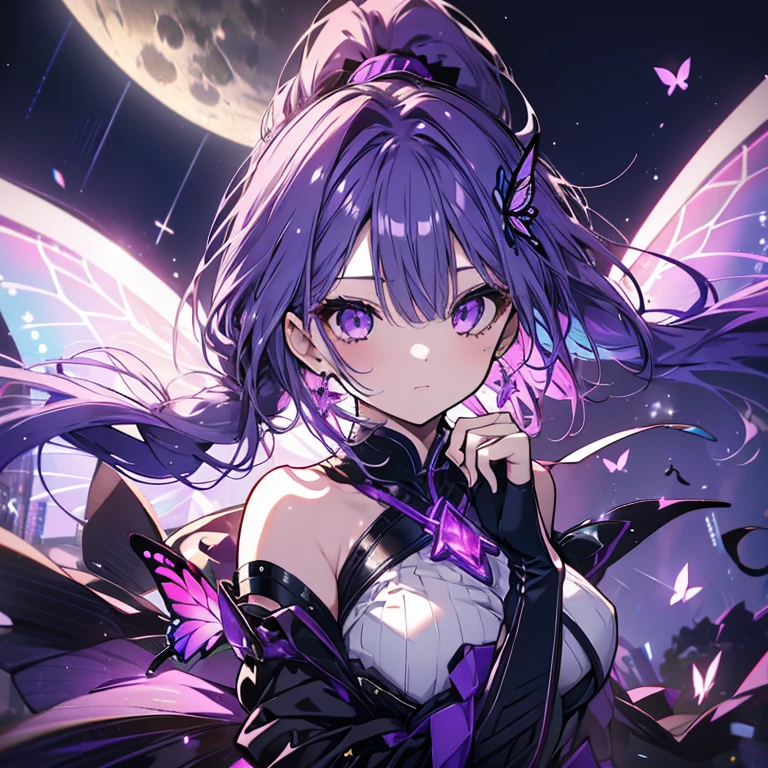 1 girl、Mature、Ample breasts、Long Hair、Purple Hair、ponytail、ハイponytail、Ballerina Costume、Black costume、Miniskirt、Purple butterfly、Braided、High resolution、Highest quality、Like a jewel、Starry Sky、Shining Moon、Bust-up perspective
