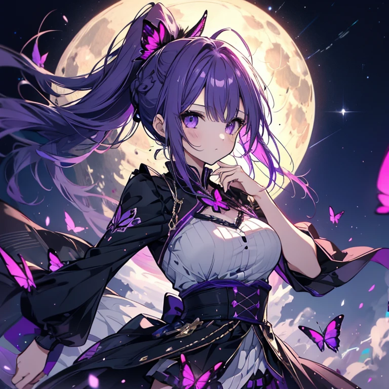 1 girl、Mature、Ample breasts、Long Hair、Purple Hair、ponytail、ハイponytail、Ballerina Costume、Black costume、Miniskirt、Purple butterfly、Braided、High resolution、Highest quality、Like a jewel、Starry Sky、Shining Moon、Bust-up perspective