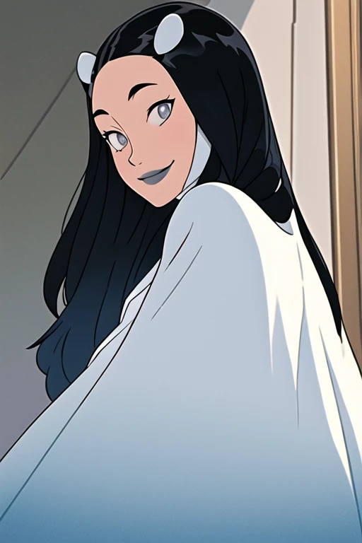 Tinya Wazzo, solo,black hair, long hair. grey eyes, smile, grey lips, white cape, best quality, masterpiece, 1girl, Masterpiece, Best Quality, Detail, room, From Behind, From Below, cape in front, Close-Up,