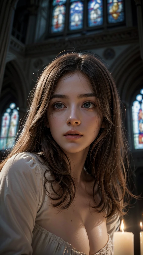 beautiful detailed eyes, beautiful detailed lips, extremely detailed eyes and face, long eyelashes, 1girl, heavenly angels, gospel choir, majestic eagles, dramatic lighting, glowing auras, divine light, ethereal atmosphere, mist, clouds, stained glass windows, church interior, photorealistic, intricate details, masterpiece, (best quality,4k,8k,highres,masterpiece:1.2),ultra-detailed,(realistic,photorealistic,photo-realistic:1.37),cinematic composition,dramatic lighting,volumetric lighting,chiaroscuro,sacred,mystical,spiritual,religious