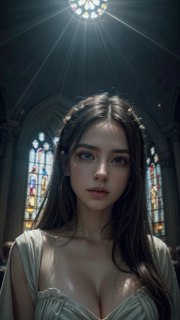 beautiful detailed eyes, beautiful detailed lips, extremely detailed eyes and face, long eyelashes, 1girl, heavenly angels, gospel choir, majestic eagles, dramatic lighting, glowing auras, divine light, ethereal atmosphere, mist, clouds, stained glass windows, church interior, photorealistic, intricate details, masterpiece, (best quality,4k,8k,highres,masterpiece:1.2),ultra-detailed,(realistic,photorealistic,photo-realistic:1.37),cinematic composition,dramatic lighting,volumetric lighting,chiaroscuro,sacred,mystical,spiritual,religious