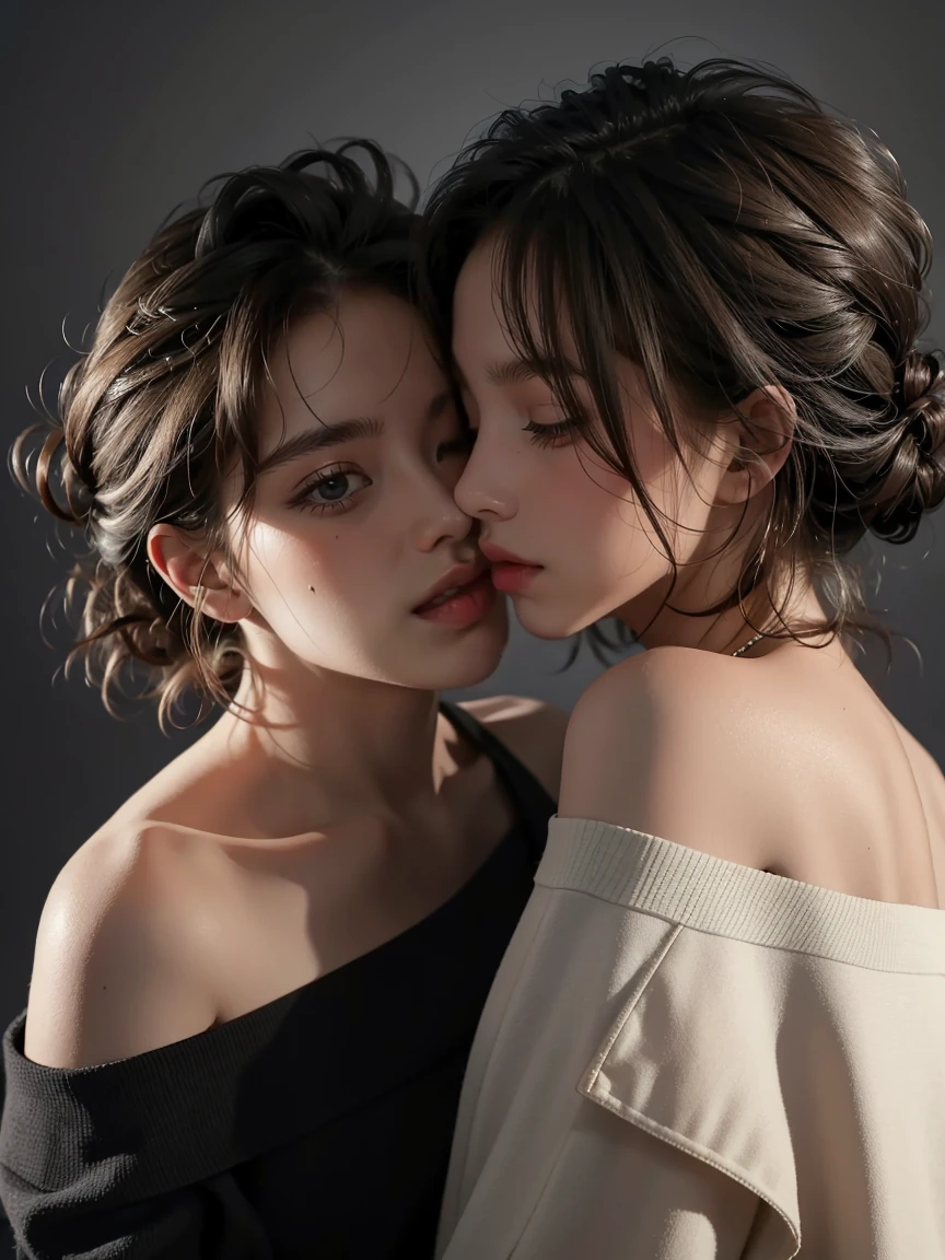 Highest quality, masterpiece, Ultra-high resolution, (Realistic:1.5), RAW Photos, The two girls are deeply in love with each other., kiss, Off the shoulder, In the Dark, Deep Shadow, Modest, Cold Light, Sexy look, short hair, three views, Front, back and sides, Character Sheet