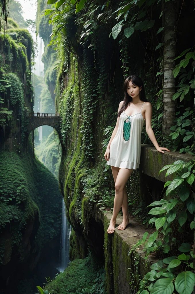Destruction and rebirth Lonely bird beautiful girl Ruins and Jungle Ghibli style Adventurer