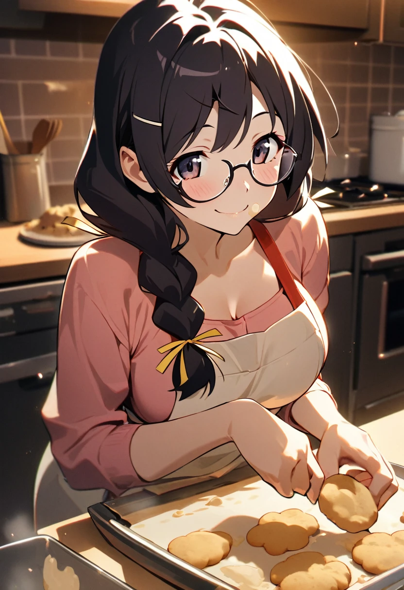 "1girl, hanekawa tsubasa, monogatari (series), twin braids neatly braided, glasses perched on nose, hair ribbon perfectly tied, warm kitchen ambient lighting, baking cookies, flour on cheek, gentle smile, masterpiece, best quality, absurdres"