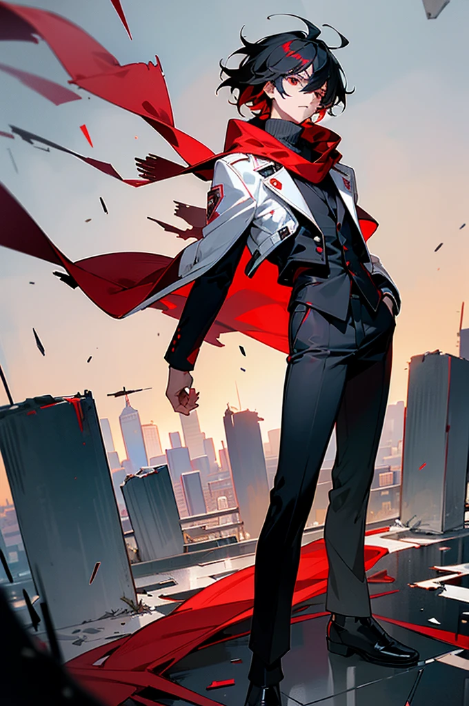 1male, masterpiece, Hyper detailed, Best quality, UHD, Ultra high resolution, (16K), ((anatomically correct)), Black hair, red streaks, messy hair, red eyes, wearing a white jacket, black turtleneck, black pants, red scarf, serious expression, surrounded by shattered glass, cityscape background, standing on path