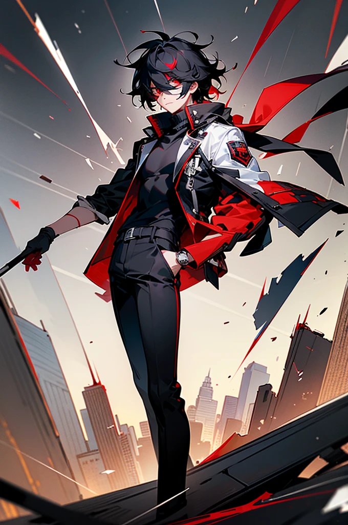 1male, masterpiece, Hyper detailed, Best quality, UHD, Ultra high resolution, (16K), ((anatomically correct)), Black hair, red streaks, messy hair, red eyes, wearing a white jacket, black turtleneck, black pants, red scarf, serious expression, surrounded by shattered glass, cityscape background, standing on path