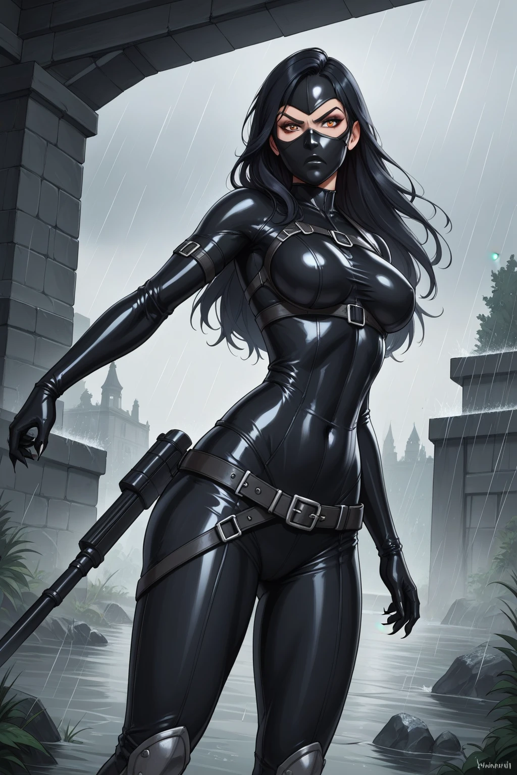 score_9, score_8_up, score_7_up, masterpiece, high quality, BREAK
LraKinyX, long hair, mask, bodysuit, gloves, belt, angry, rain, weapon, claws