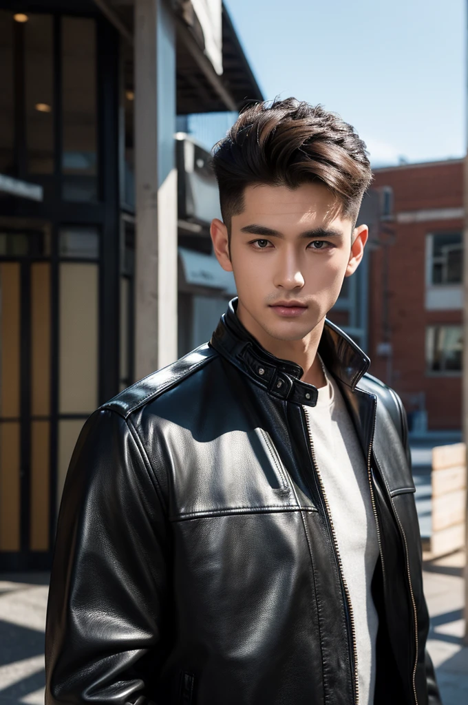 at office,wearing black leather jacket,two block haircut, Attractive man,Live-action photo,Handsome and sunny,(SLR effect,Reality,8K,Hyper-detailing,Absolute realism)