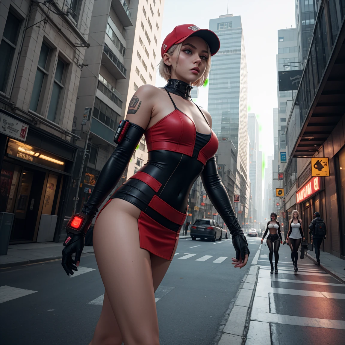 high quality masterpiece, sexy-future cinematographic scene, 4K resolution, american shot, 4K resolution of a teenaged scandinavian woman like a cyberpunk detective, delicate brown skin, epic pose, in cyberpunk city´s streets, wearing a red fitted high nanotechnological combat suit with a short high-yech miniskirt that allows you to completely see her right thigh, firm medium bust, wide thighs, short up shoulders punk hair,