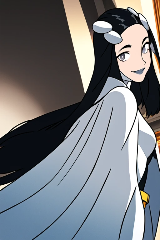 Tinya Wazzo, solo,black hair, long hair. grey eyes, smile, grey lips, white cape, best quality, masterpiece, 1girl, Masterpiece, Best Quality, Detail, room, From Behind, From Below, cape in front, Close-Up,