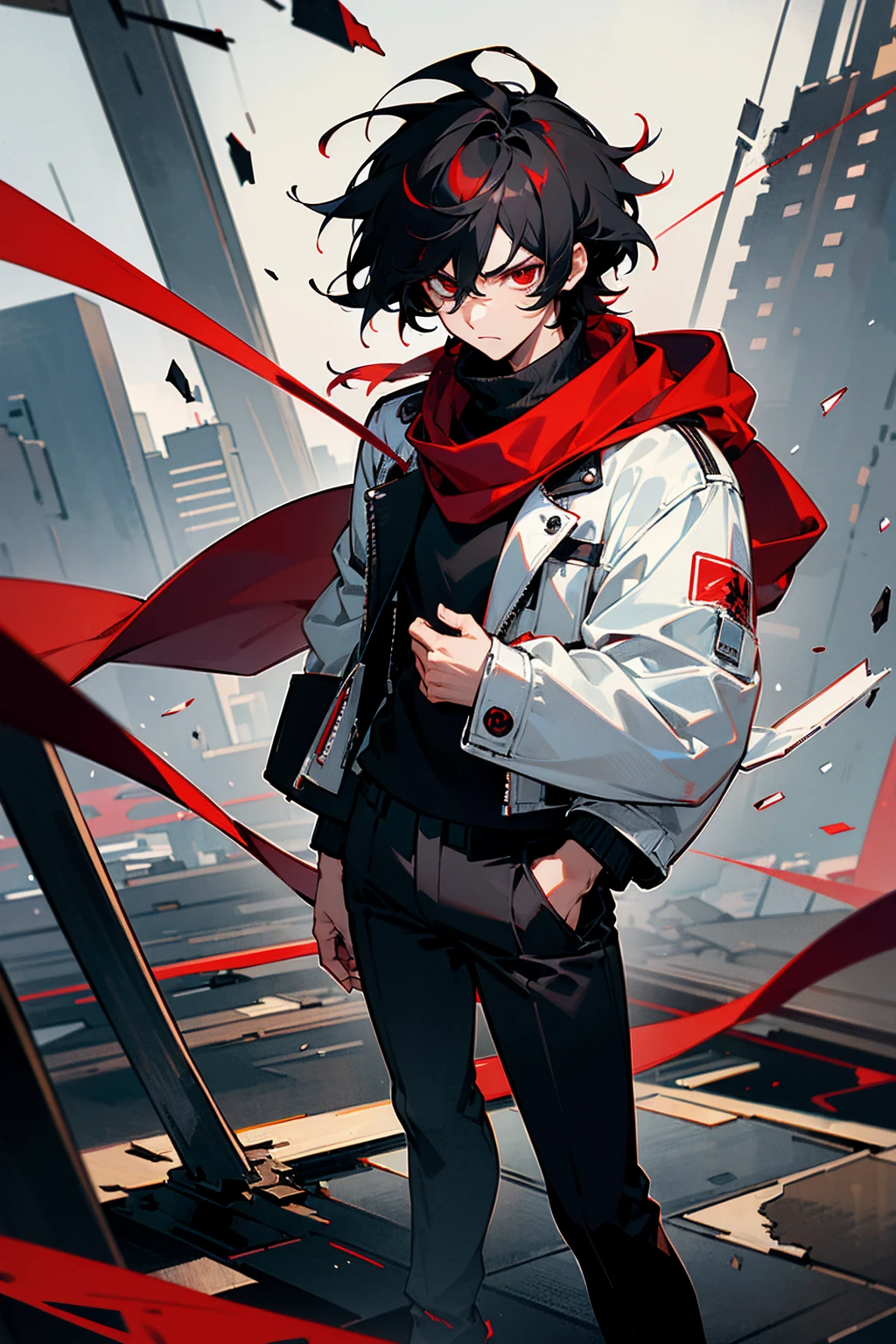 1male, masterpiece, Hyper detailed, Best quality, UHD, Ultra high resolution, (16K), ((anatomically correct)), Black hair, red streaks, messy hair, red eyes, wearing a white jacket, black turtleneck, black pants, red scarf, serious expression, surrounded by shattered glass, cityscape background, standing on path