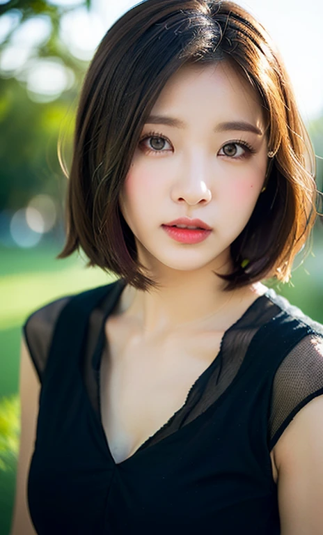 (a beautiful woman, age 28, outdoor morning dawn, wearing a black see-through dress, short disheveled hair, super definition face, fine eyes with double eyelids, beautiful lips, fair skin, super cute and soft face, brown hair, soft toned body, small bosom, 8k resolution, super realistic, super definition, highest definition, masterpiece, bokeh_background)