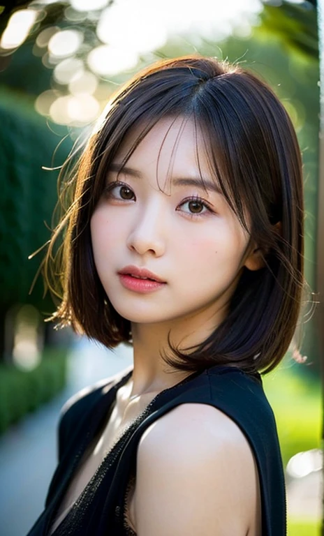 (a beautiful woman, age 28, outdoor morning dawn, wearing a black see-through dress, short disheveled hair, super definition face, fine eyes with double eyelids, beautiful lips, fair skin, super cute and soft face, brown hair, soft toned body, small bosom, 8k resolution, super realistic, super definition, highest definition, masterpiece, bokeh_background)