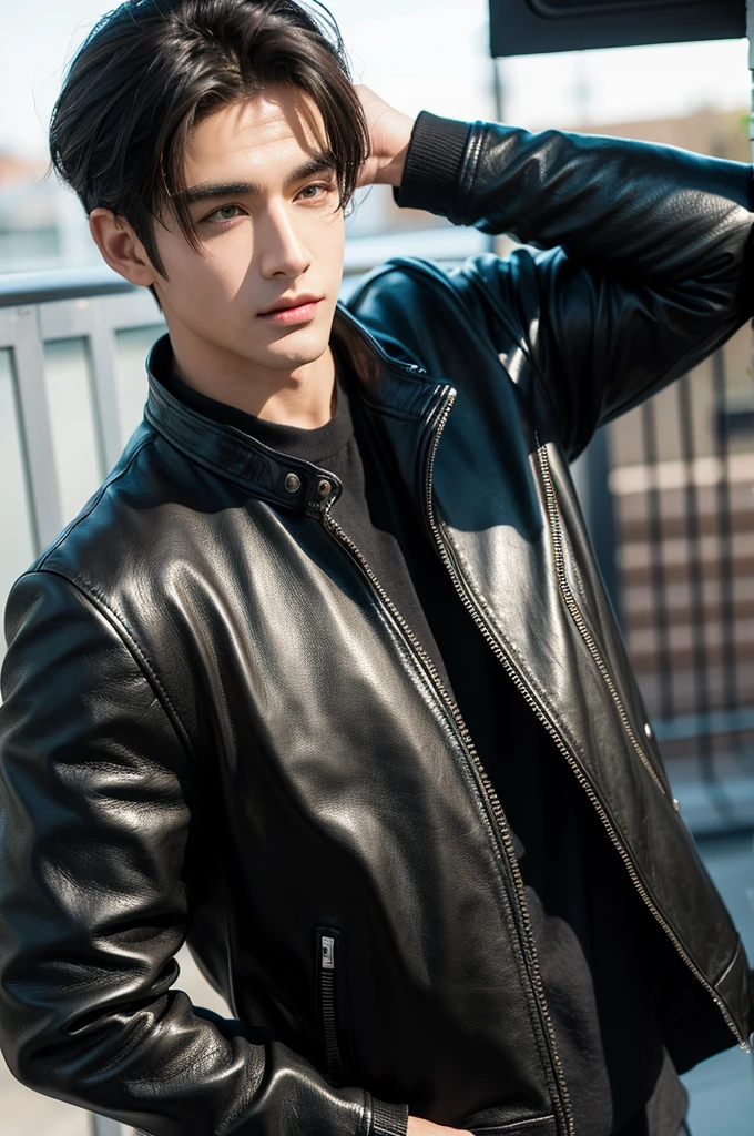 at office,wearing black leather jacket,two block haircut, Attractive man,Live-action photo,Handsome and sunny,(SLR effect,Reality,8K,Hyper-detailing,Absolute realism)