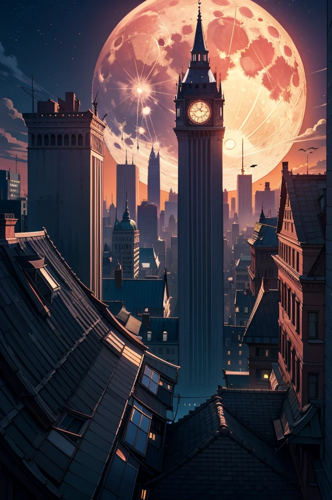 a city in the background, view from the top of a building, a full moon behind, intricate details, cinematic lighting, dramatic shadows, serene atmosphere, beautiful colors, glowing moon, warm tones, stunning cityscape, bird's eye view, architectural elements, windows, rooftops, detailed textures, photorealistic, 8k, masterpiece, cinematic, dramatic, serene, atmospheric, vibrant colors, glowing moon