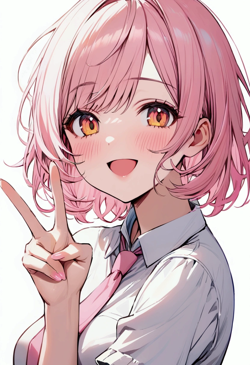 Young woman, Upper body, short hair, pink-yellow hair, Blue Makeup, white shirt, pink necktie, simple background, smiling, peace sign hand, blushing
