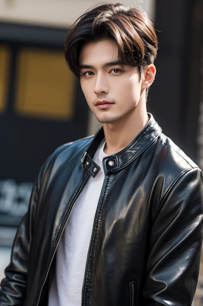 at office,wearing black leather jacket,two block haircut, Attractive man,Live-action photo,Handsome and sunny,(SLR effect,Reality,8K,Hyper-detailing,Absolute realism)