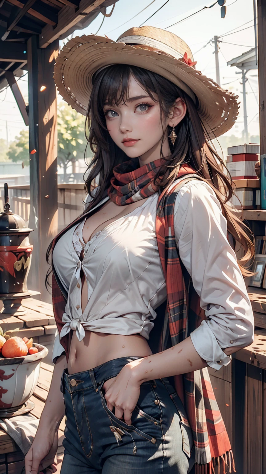 Portrait of a beautiful woman on a muddy farm:1.2 , Cowboy hat, Fringed waistcoat , pants, scarf , confidence , Mid-chest,