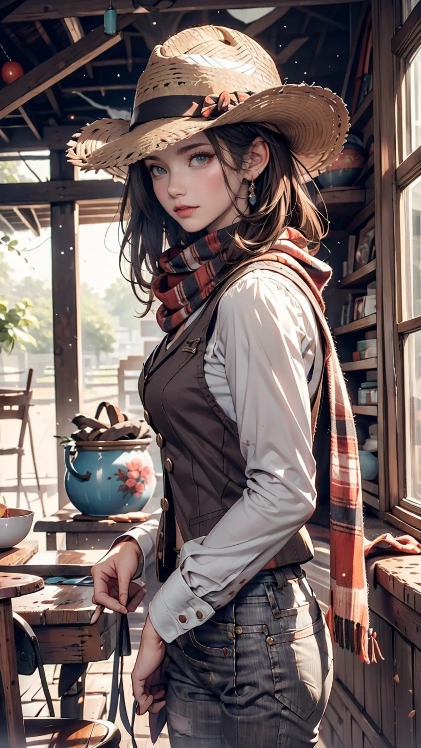 Portrait of a beautiful woman on a muddy farm:1.2 , Cowboy hat, Fringed waistcoat , pants, scarf , confidence , Mid-chest,