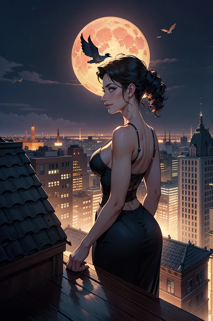 a big city in the background, view from the top of a building, a full moon behind, intricate details, cinematic lighting, dramatic shadows, serene atmosphere, beautiful colors, glowing moon, warm tones, stunning cityscape, bird's eye view, architectural elements, windows, rooftops, detailed textures, photorealistic, 8k, masterpiece, cinematic, dramatic, serene, atmospheric, vibrant colors, glowing moon