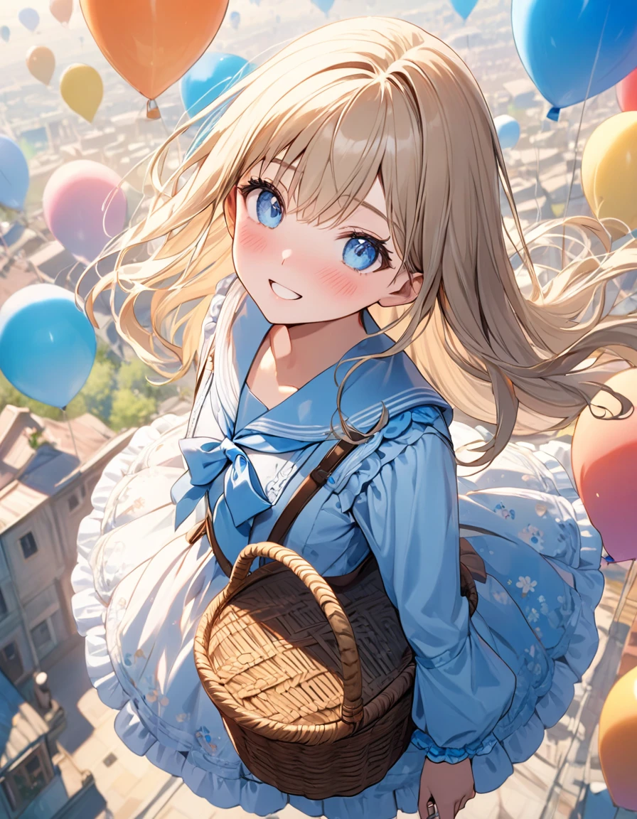 (8K, best quality, master piece: 1.2),super high resolution,1 girl,solo,13yo,Standing in the balloon with basket,ultra-detailed face,detailed eyes,Beige hair,long hair,floating hair,blue eyes,lash extension,happy,nose blush,floral pattern sailor collar lolita fashionin(Light blue:1.4),Bird’s Eye View,in the sky