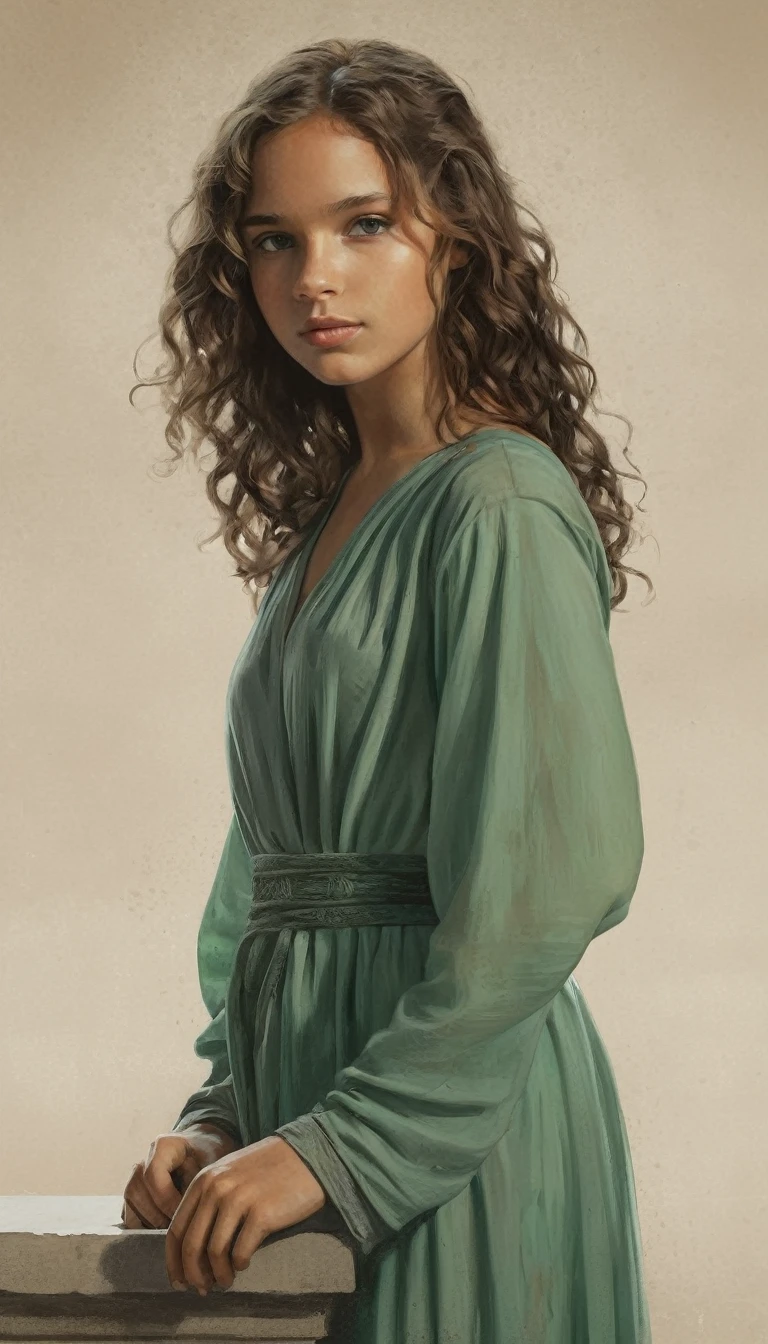 An illustrated erotic movie poster, a young girl, naked, resembles Mathilde Lando, warm brown complexion, jade green eyes, ashy hair, long loose curls, waist-length hair, posing on a pedestal, hard shadows, graphite shading, stencil marks, airbrushed acrylic paint, masterpiece, in the style of Game of Thrones