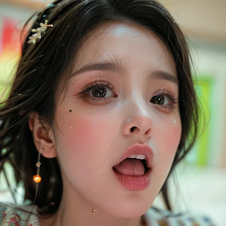 ExtremelyDetailed Kawaii girl Face,(Close-up Sweet lips), glossy lips with beautiful details, Coquettish tongue, Kissing to camera, towards the viewer, 8K TopQuality masterpiece,an extremely delicate and beautiful (ProfessionalPhoto:1.37), {Amazing|finely detail|official art|incredibly absurdres},ultra-detailed close-up shot, close up, (fish eye lens), wide lens, macro lens, Detailed reflective Eyes ElaboratePupils with (sparkling highlights:1.28) (Delicate Voluminous LongEyelashes:0.88), {(Tilted face:1.22)|Visible back of throat|saliva drips|naked shoulder}, (Dripping juice on tongue:1.23) snow particles