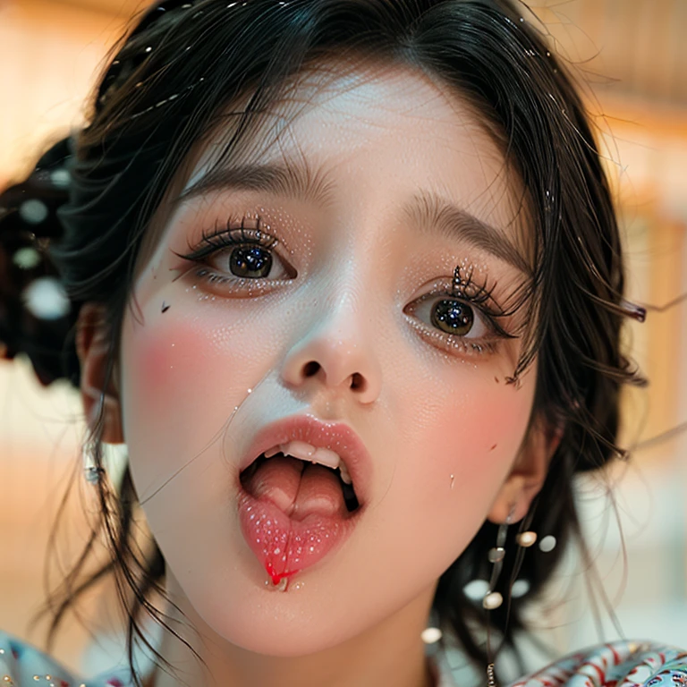ExtremelyDetailed Kawaii girl Face,(Close-up Sweet lips), glossy lips with beautiful details, Coquettish tongue, Kissing to camera, towards the viewer, 8K TopQuality masterpiece,an extremely delicate and beautiful (ProfessionalPhoto:1.37), {Amazing|finely detail|official art|incredibly absurdres},ultra-detailed close-up shot, close up, (fish eye lens), wide lens, macro lens, Detailed reflective Eyes ElaboratePupils with (sparkling highlights:1.28) (Delicate Voluminous LongEyelashes:0.88), {(Tilted face:1.22)|Visible back of throat|saliva drips|naked shoulder}, (Dripping juice on tongue:1.23) snow particles